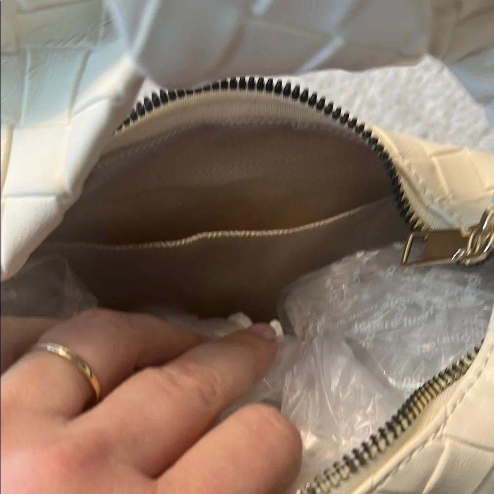 Cream Woven Handbag with Beauty Products